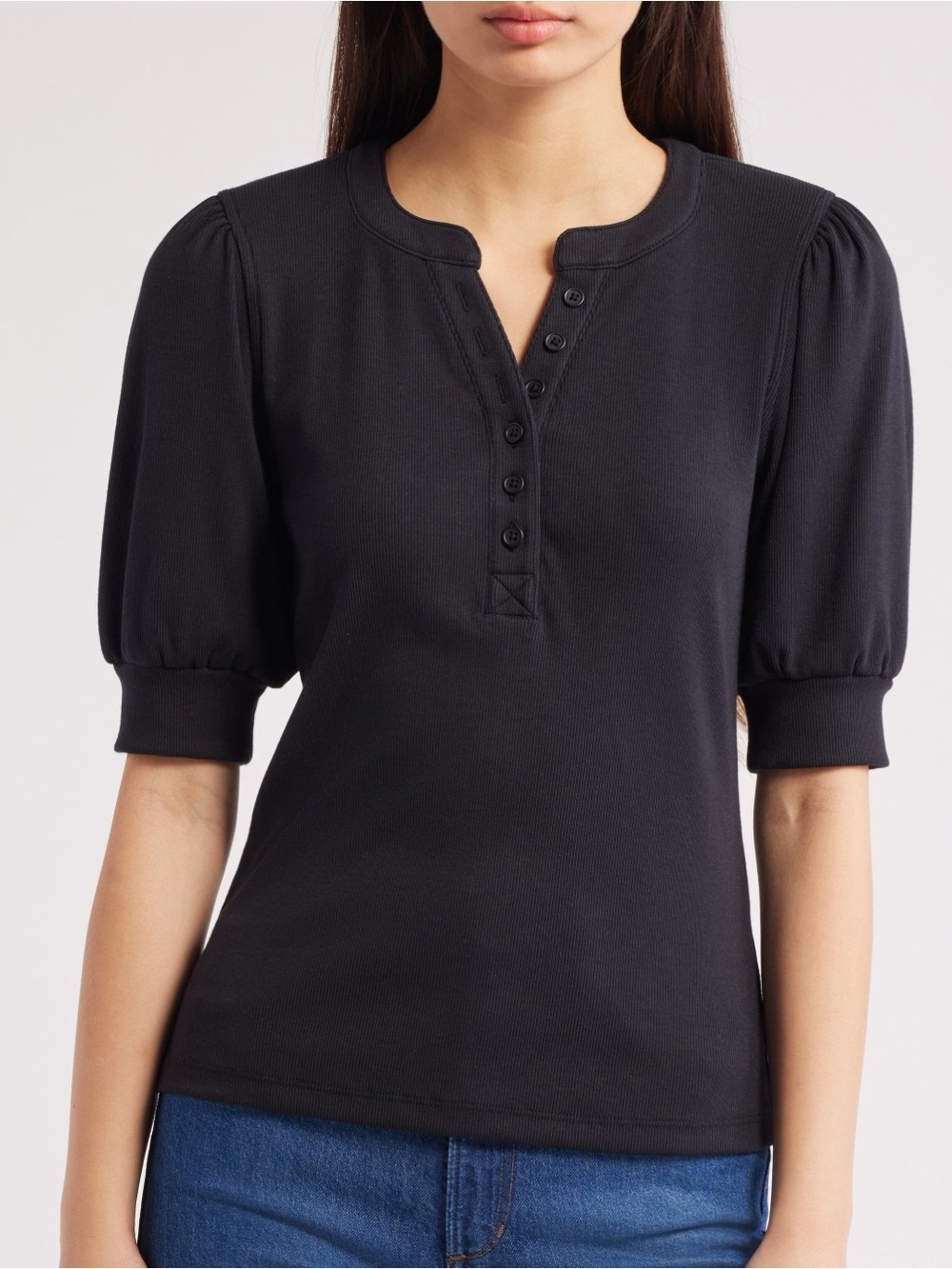 Rails Jewel Black Puff Sleeve Henley Shirt Top M Ribbed Dark Academia Capsule